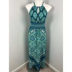 London Times Sleeveless High Neck Green Blue Paisley Print Dress Stretch 4